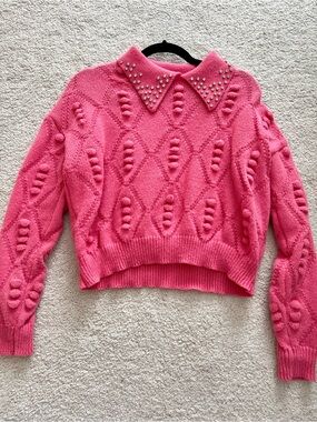 Pink Stud-Collar Textured Knit Sweater
